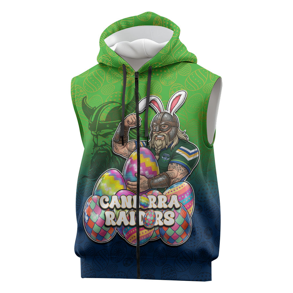Personalized Canberra Raiders Sleeveless Zip Hoodie Easter Mascot - Colorful Eggs Cartoon Style