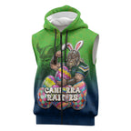 Personalized Canberra Raiders Sleeveless Zip Hoodie Easter Mascot - Colorful Eggs Cartoon Style
