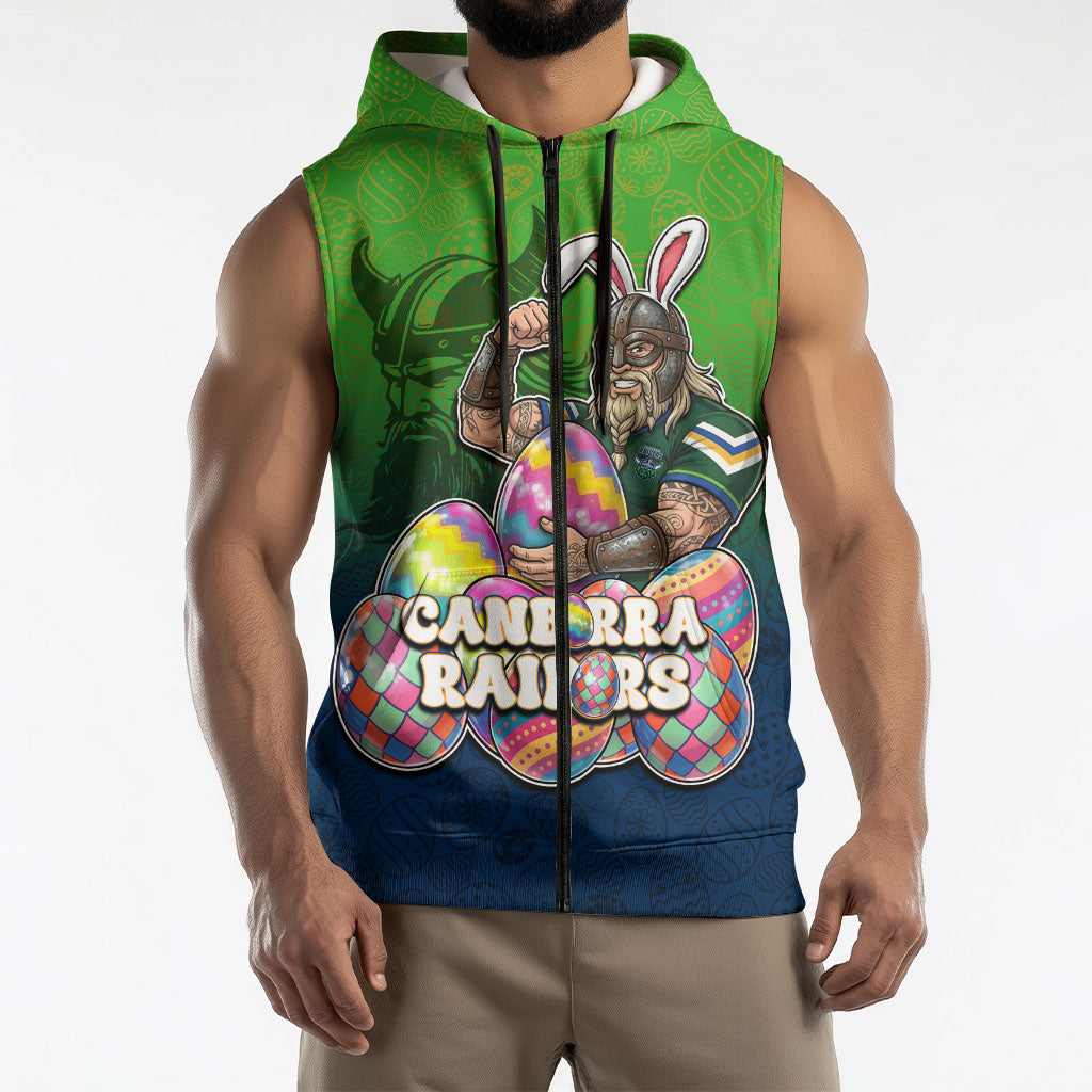 Personalized Canberra Raiders Sleeveless Zip Hoodie Easter Mascot - Colorful Eggs Cartoon Style