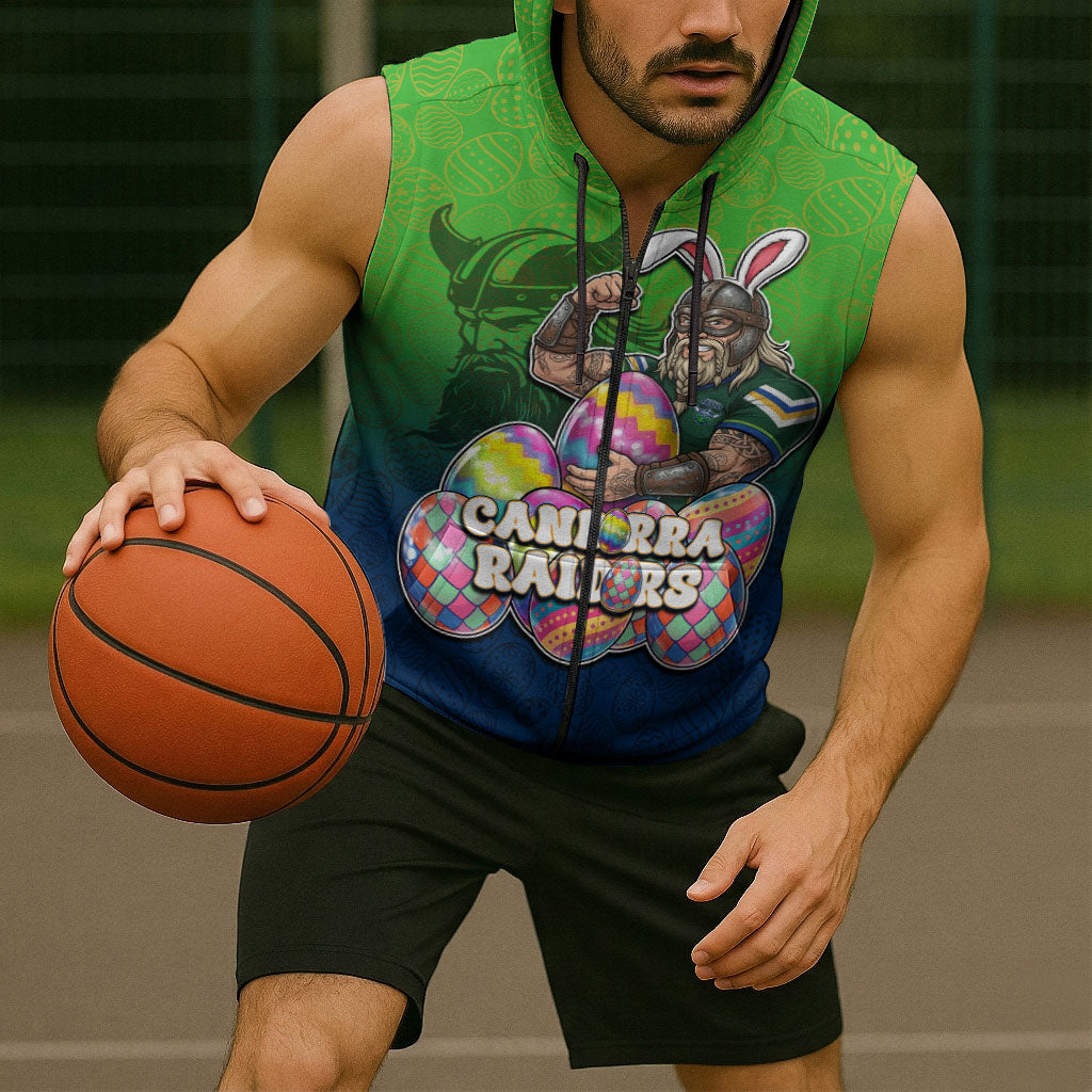 Personalized Canberra Raiders Sleeveless Zip Hoodie Easter Mascot - Colorful Eggs Cartoon Style