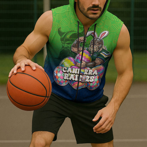 Personalized Canberra Raiders Sleeveless Zip Hoodie Easter Mascot - Colorful Eggs Cartoon Style