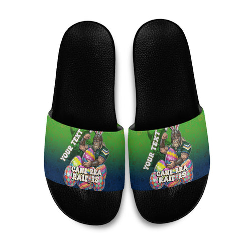 Personalized Canberra Raiders Slide Sandals Easter Mascot - Colorful Eggs Cartoon Style