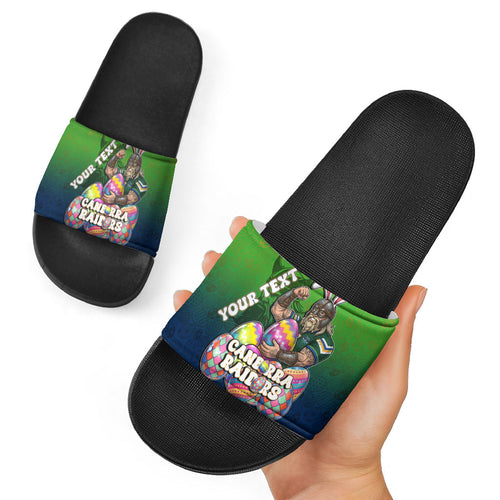 Personalized Canberra Raiders Slide Sandals Easter Mascot - Colorful Eggs Cartoon Style
