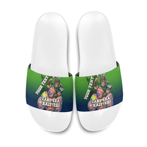 Personalized Canberra Raiders Slide Sandals Easter Mascot - Colorful Eggs Cartoon Style