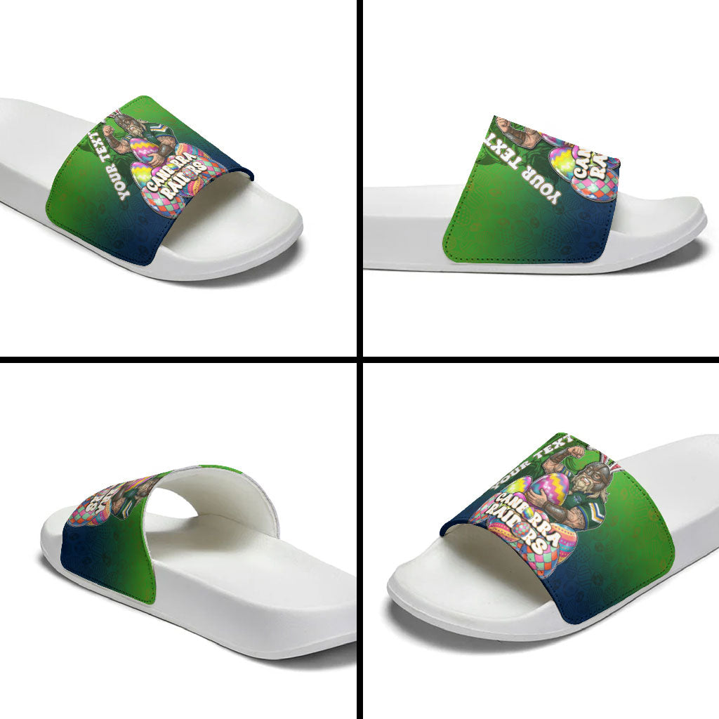 Personalized Canberra Raiders Slide Sandals Easter Mascot - Colorful Eggs Cartoon Style