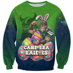 Personalized Canberra Raiders Sweatshirt Easter Mascot - Colorful Eggs Cartoon Style