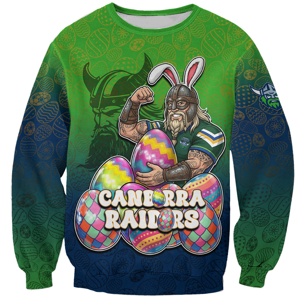 Personalized Canberra Raiders Sweatshirt Easter Mascot - Colorful Eggs Cartoon Style