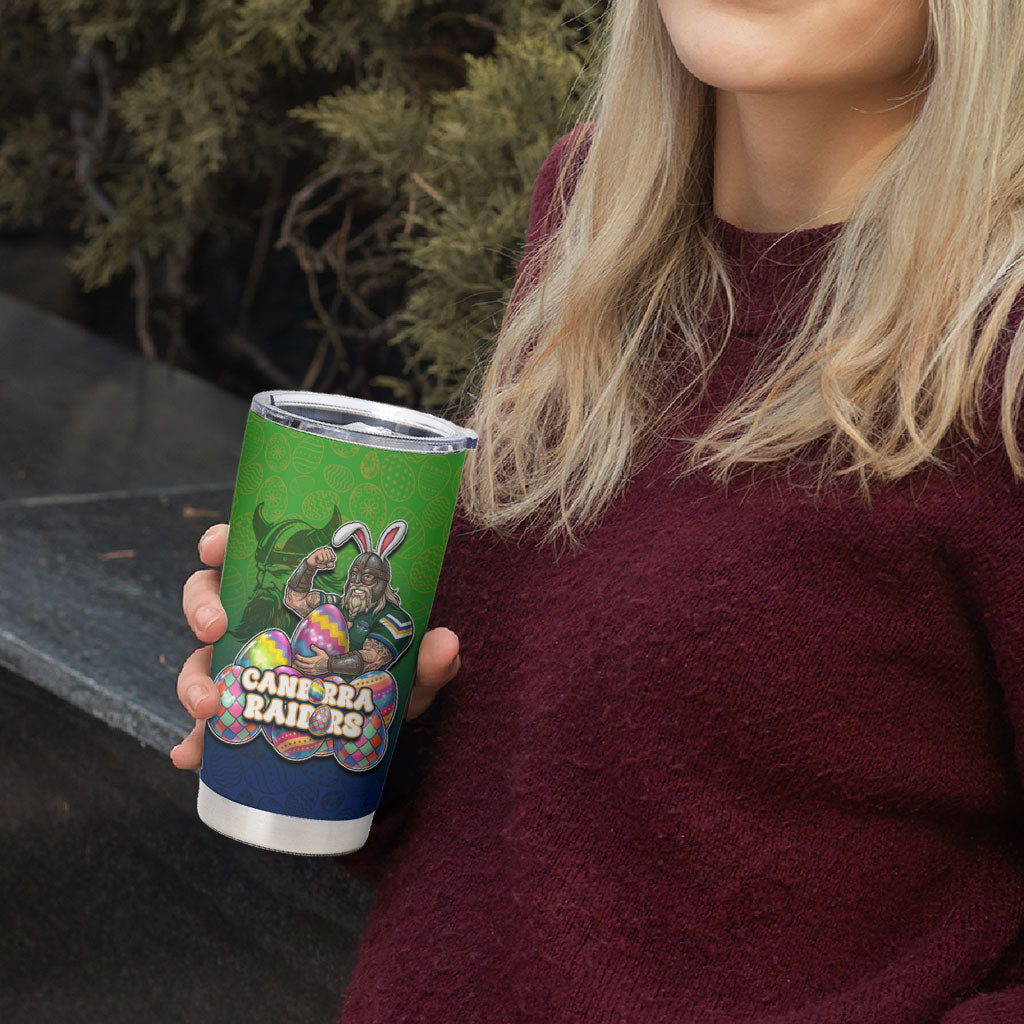 Personalized Canberra Raiders Tumbler Cup Easter Mascot - Colorful Eggs Cartoon Style
