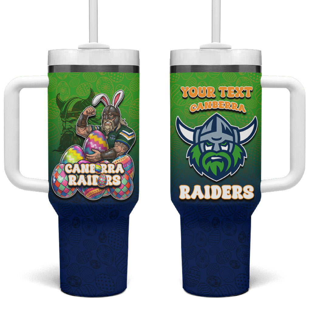 Personalized Canberra Raiders Tumbler With Handle Easter Mascot - Colorful Eggs Cartoon Style