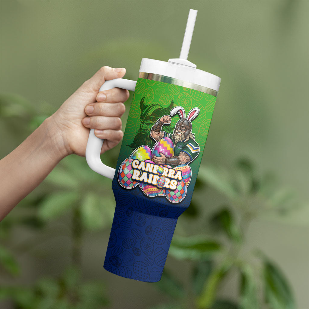 Personalized Canberra Raiders Tumbler With Handle Easter Mascot - Colorful Eggs Cartoon Style