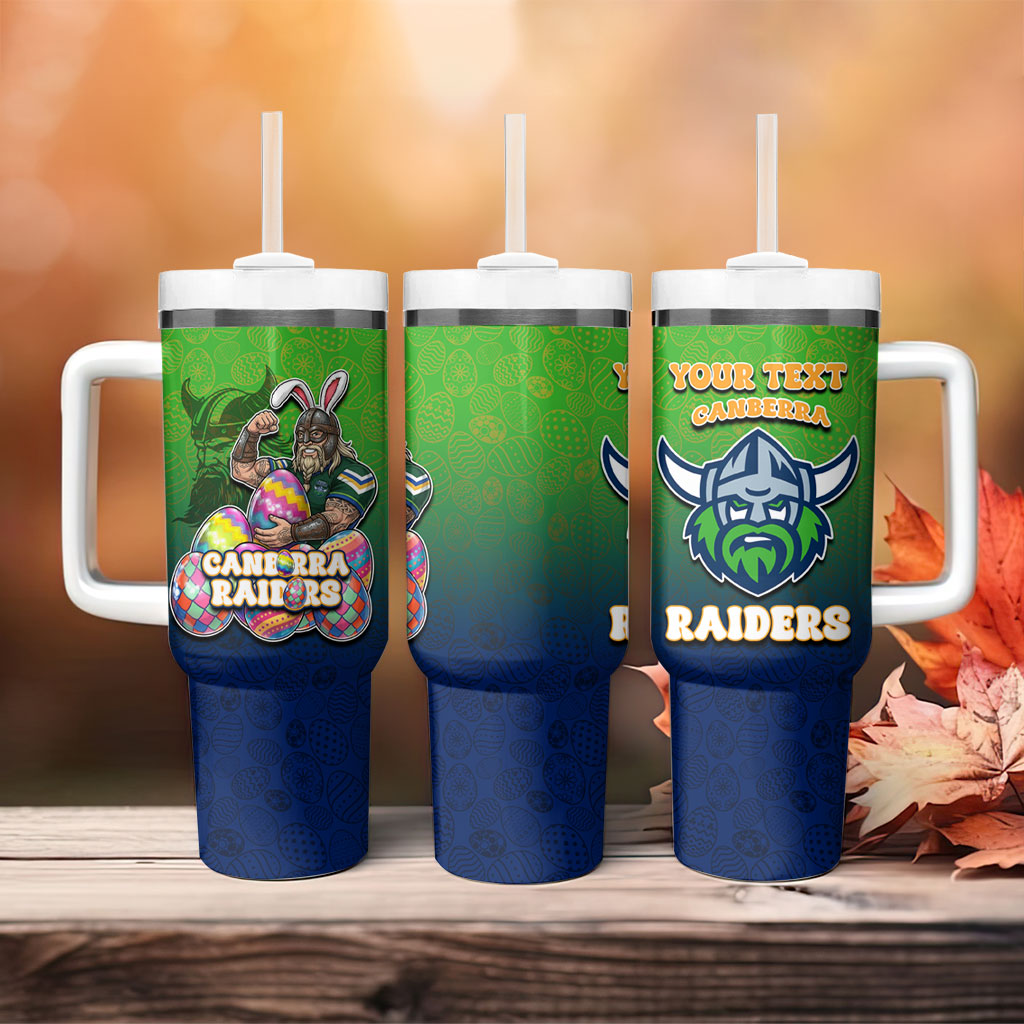 Personalized Canberra Raiders Tumbler With Handle Easter Mascot - Colorful Eggs Cartoon Style