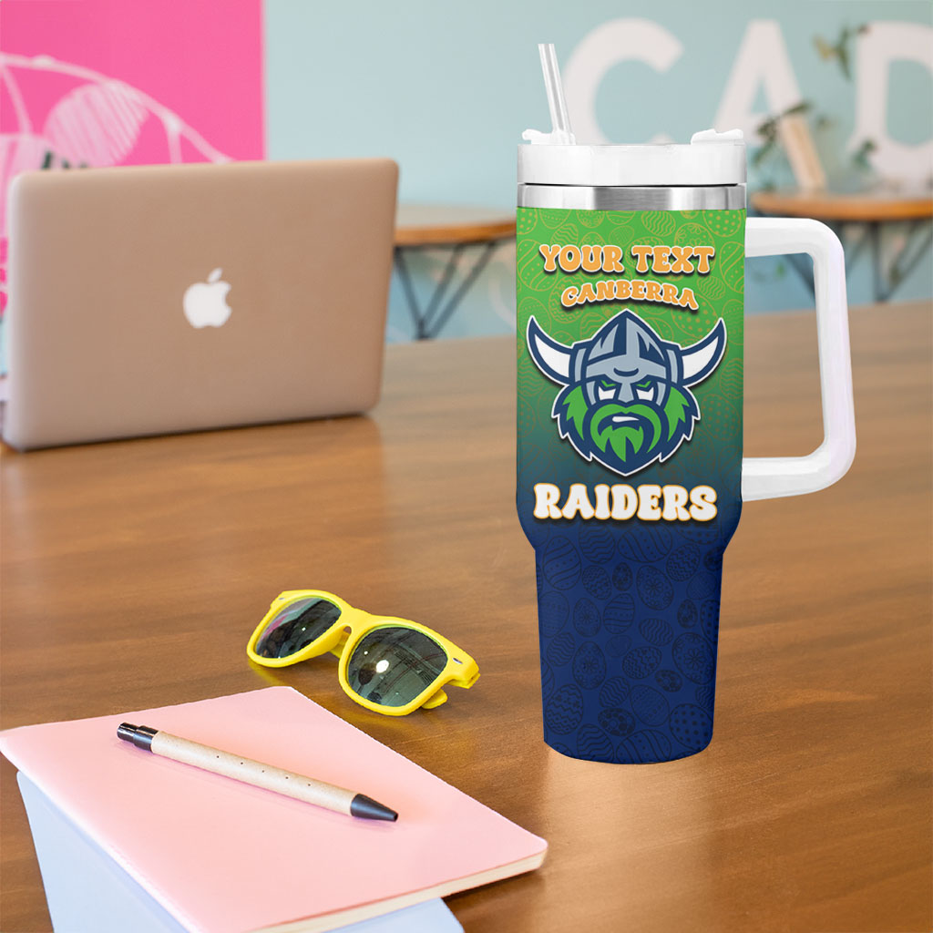 Personalized Canberra Raiders Tumbler With Handle Easter Mascot - Colorful Eggs Cartoon Style