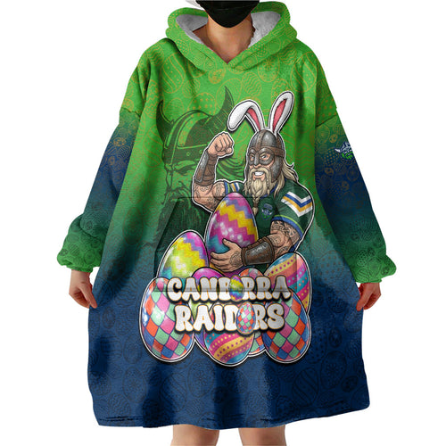 Personalized Canberra Raiders Wearable Blanket Hoodie Easter Mascot - Colorful Eggs Cartoon Style