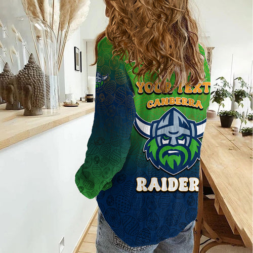 Personalized Canberra Raiders Women Casual Shirt Easter Mascot - Colorful Eggs Cartoon Style