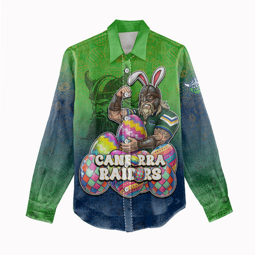 Personalized Canberra Raiders Women Casual Shirt Easter Mascot - Colorful Eggs Cartoon Style