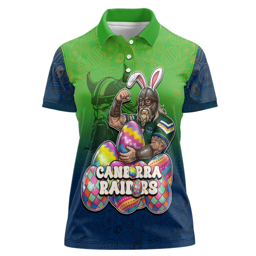 Personalized Canberra Raiders Women Polo Shirt Easter Mascot - Colorful Eggs Cartoon Style