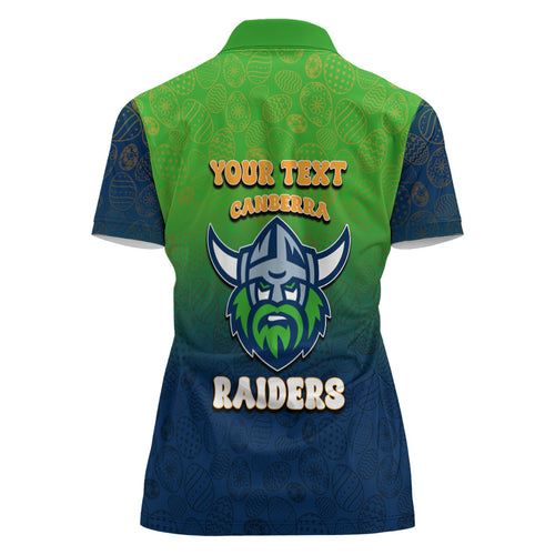 Personalized Canberra Raiders Women Polo Shirt Easter Mascot - Colorful Eggs Cartoon Style