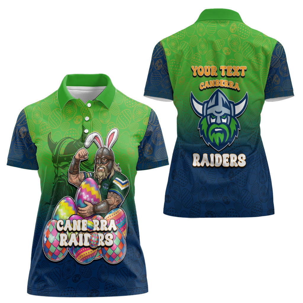 Personalized Canberra Raiders Women Polo Shirt Easter Mascot - Colorful Eggs Cartoon Style