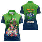 Personalized Canberra Raiders Women Polo Shirt Easter Mascot - Colorful Eggs Cartoon Style
