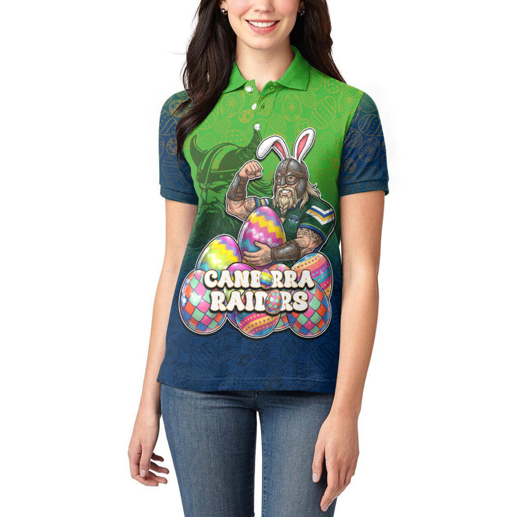 Personalized Canberra Raiders Women Polo Shirt Easter Mascot - Colorful Eggs Cartoon Style