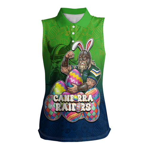 Personalized Canberra Raiders Women Sleeveless Polo Shirt Easter Mascot - Colorful Eggs Cartoon Style