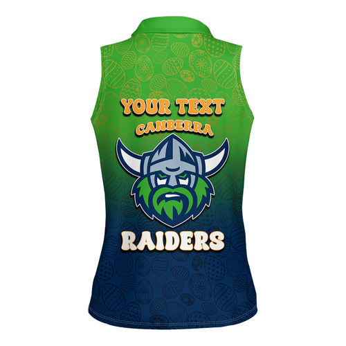 Personalized Canberra Raiders Women Sleeveless Polo Shirt Easter Mascot - Colorful Eggs Cartoon Style