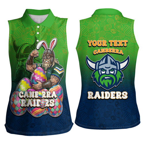 Personalized Canberra Raiders Women Sleeveless Polo Shirt Easter Mascot - Colorful Eggs Cartoon Style