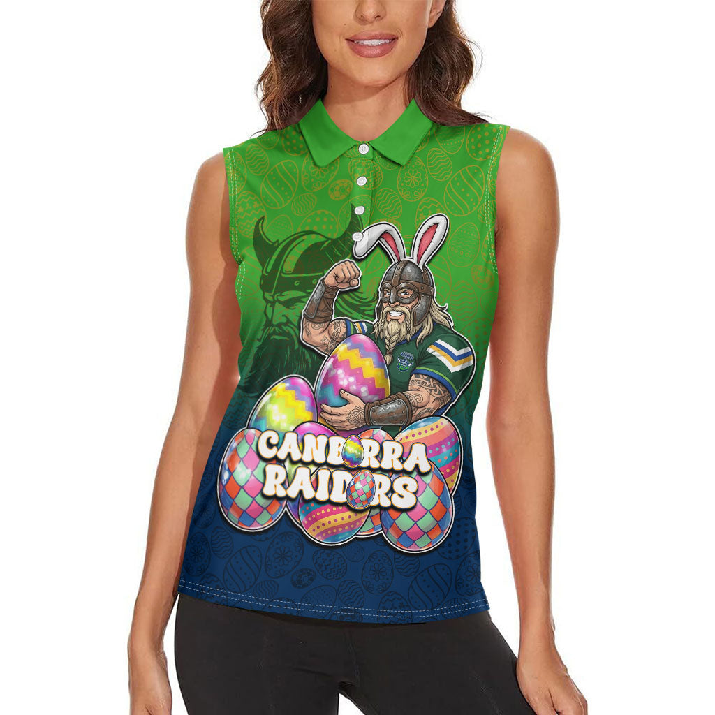 Personalized Canberra Raiders Women Sleeveless Polo Shirt Easter Mascot - Colorful Eggs Cartoon Style