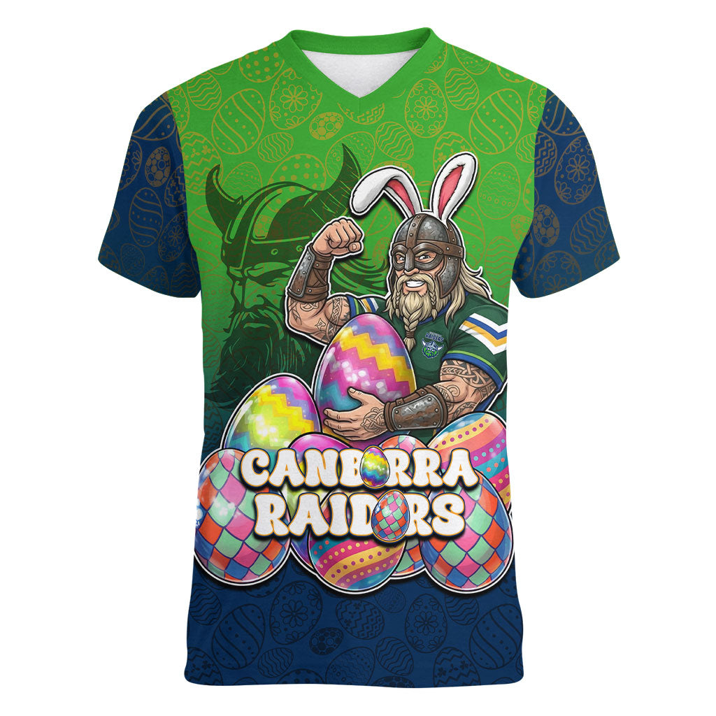 Personalized Canberra Raiders Women V-Neck T-Shirt Easter Mascot - Colorful Eggs Cartoon Style