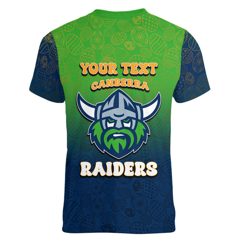 Personalized Canberra Raiders Women V-Neck T-Shirt Easter Mascot - Colorful Eggs Cartoon Style