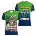Personalized Canberra Raiders Women V-Neck T-Shirt Easter Mascot - Colorful Eggs Cartoon Style
