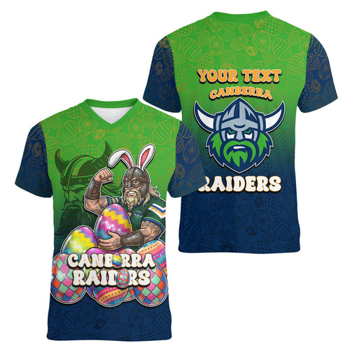 Personalized Canberra Raiders Women V-Neck T-Shirt Easter Mascot - Colorful Eggs Cartoon Style