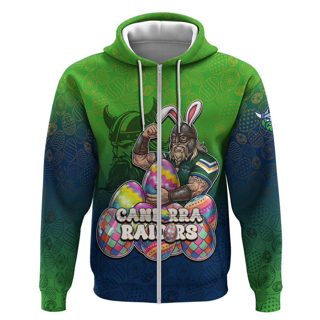 Personalized Canberra Raiders Zip Hoodie Easter Mascot - Colorful Eggs Cartoon Style