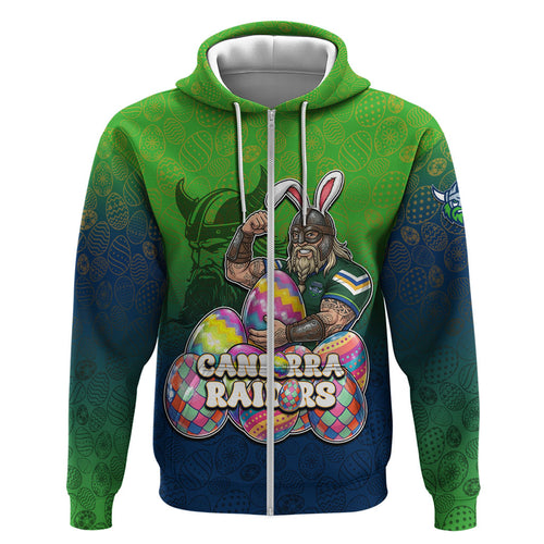 Personalized Canberra Raiders Zip Hoodie Easter Mascot - Colorful Eggs Cartoon Style