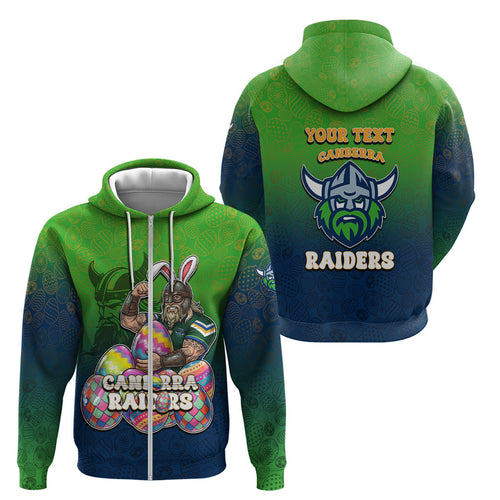 Personalized Canberra Raiders Zip Hoodie Easter Mascot - Colorful Eggs Cartoon Style