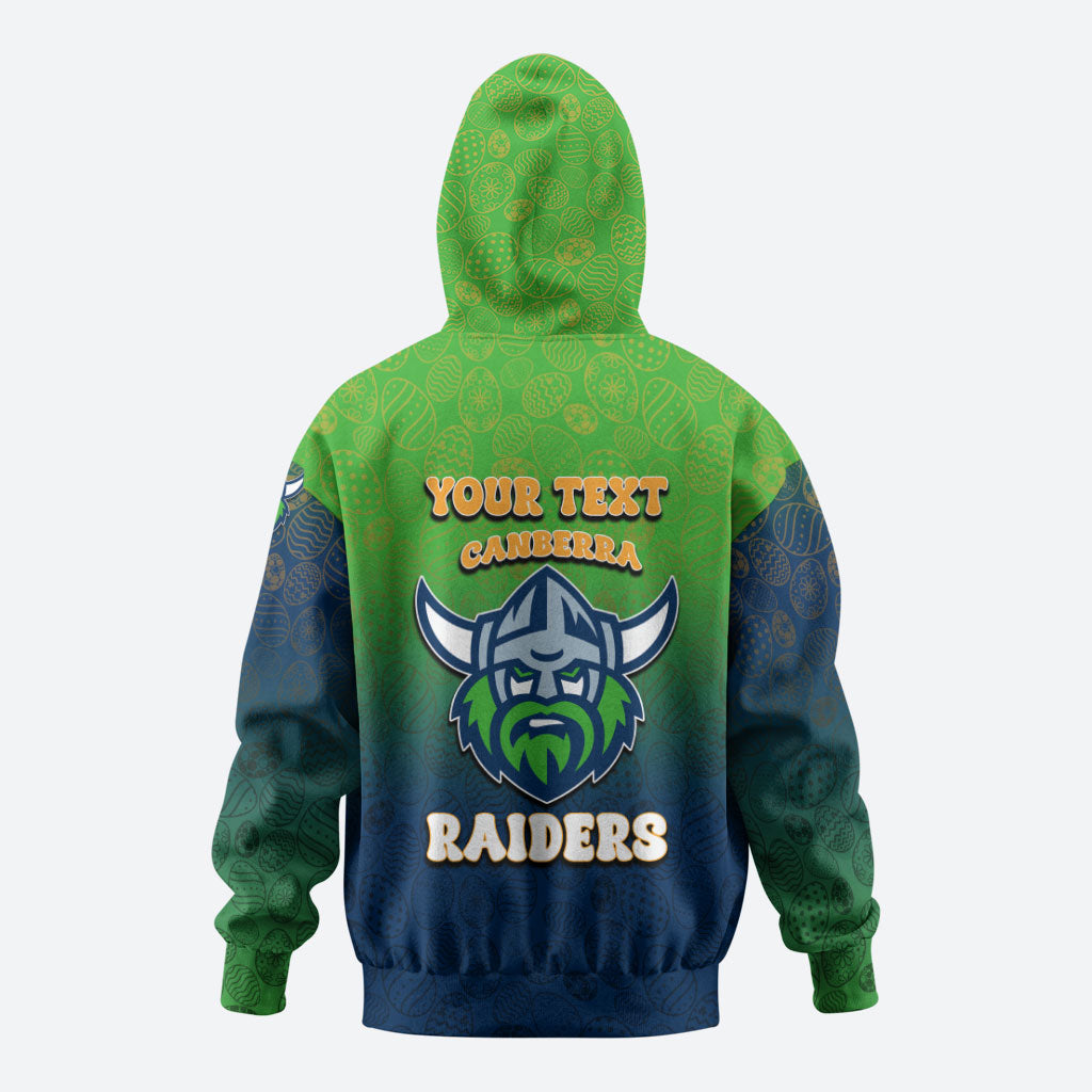 Personalized Canberra Raiders Zip Hoodie Easter Mascot - Colorful Eggs Cartoon Style