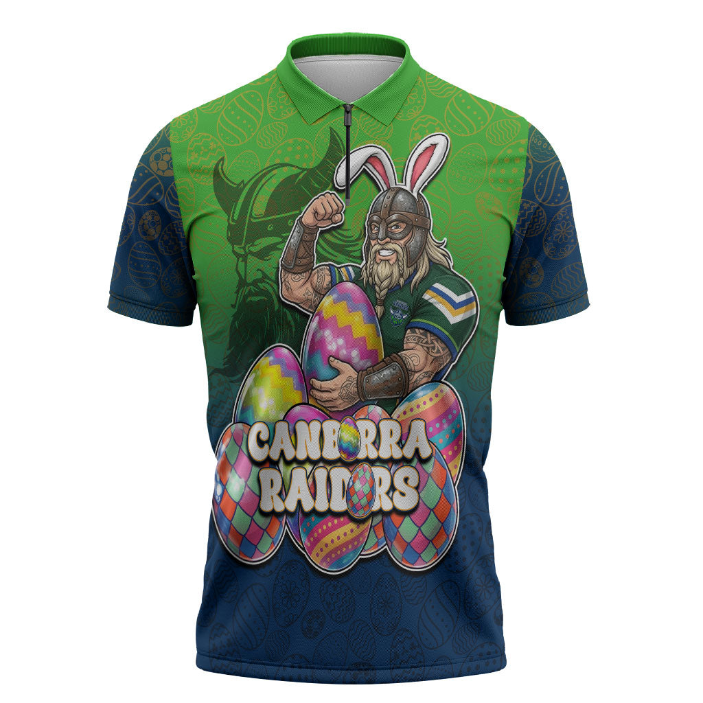 Personalized Canberra Raiders Zipper Polo Shirt Easter Mascot - Colorful Eggs Cartoon Style