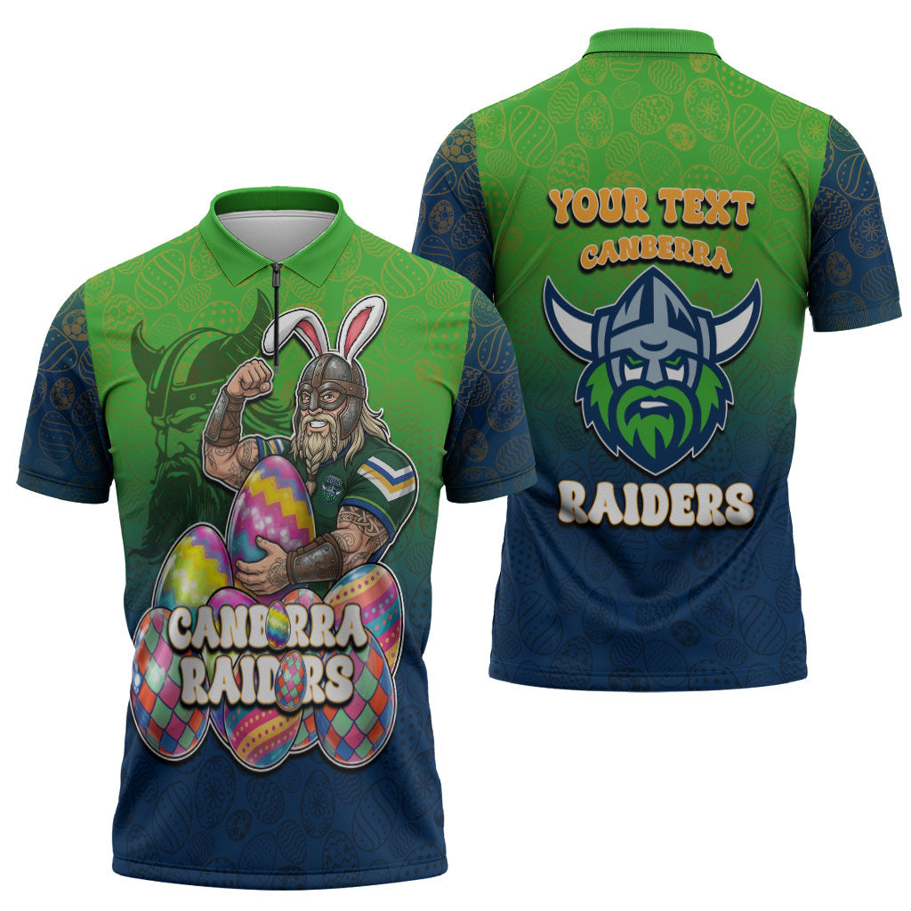 Personalized Canberra Raiders Zipper Polo Shirt Easter Mascot - Colorful Eggs Cartoon Style