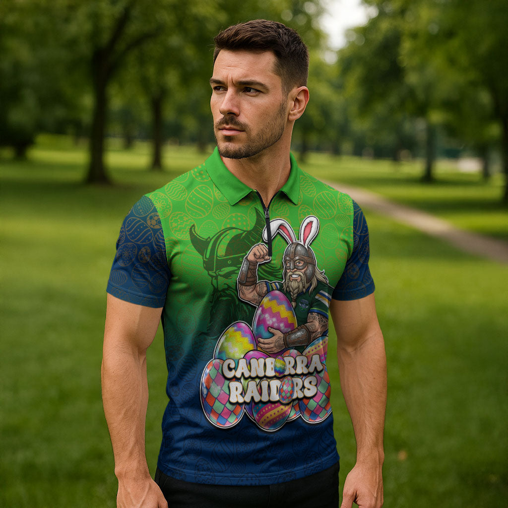 Personalized Canberra Raiders Zipper Polo Shirt Easter Mascot - Colorful Eggs Cartoon Style