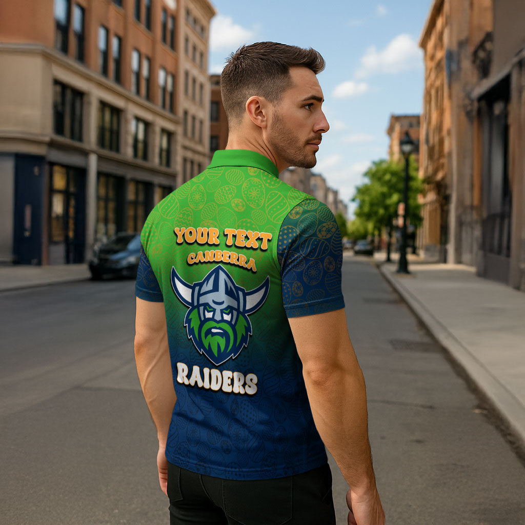 Personalized Canberra Raiders Zipper Polo Shirt Easter Mascot - Colorful Eggs Cartoon Style