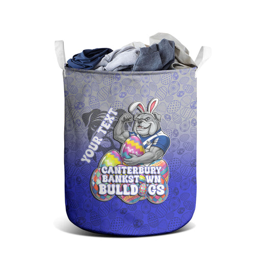 Personalized Canterbury-Bankstown Bulldogs Laundry Basket Easter Mascot - Colorful Eggs Cartoon Style