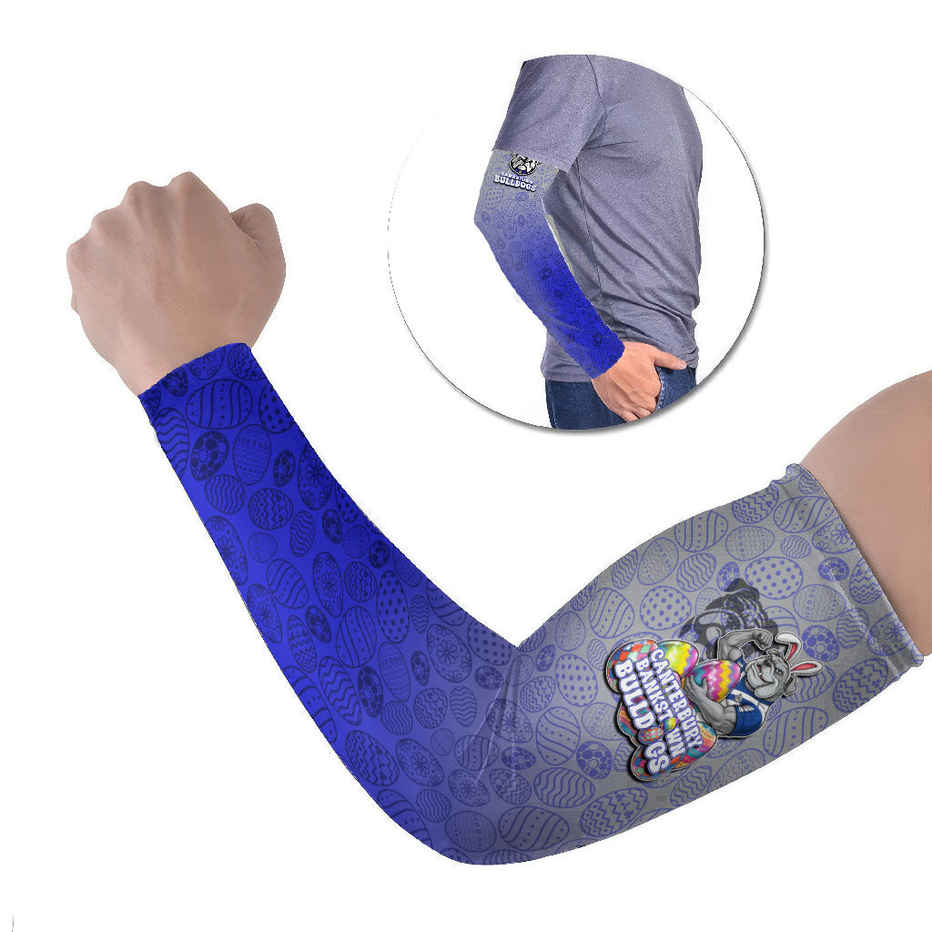 Personalized Canterbury-Bankstown Bulldogs Arm Sleeves Easter Mascot - Colorful Eggs Cartoon Style