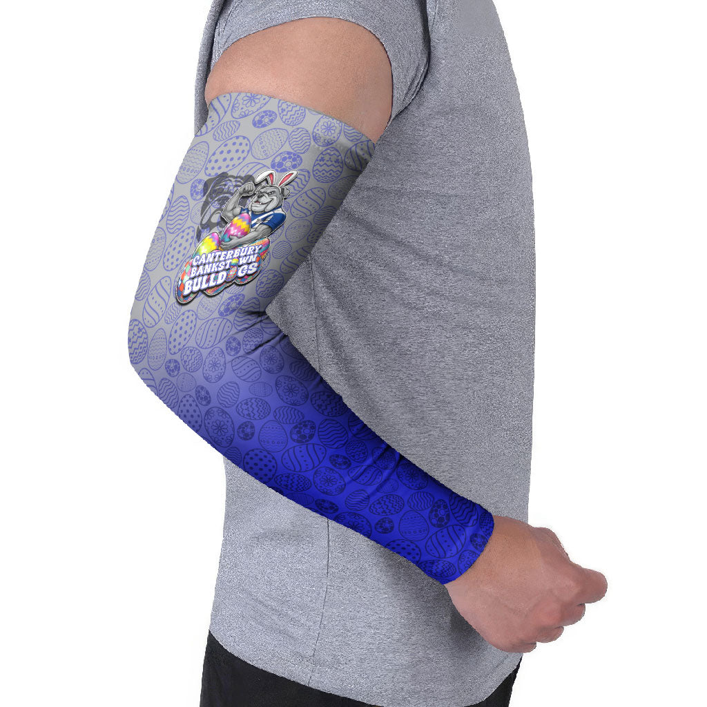 Personalized Canterbury-Bankstown Bulldogs Arm Sleeves Easter Mascot - Colorful Eggs Cartoon Style