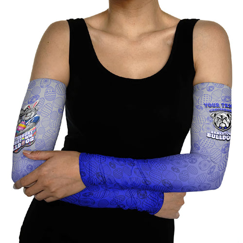 Personalized Canterbury-Bankstown Bulldogs Arm Sleeves Easter Mascot - Colorful Eggs Cartoon Style