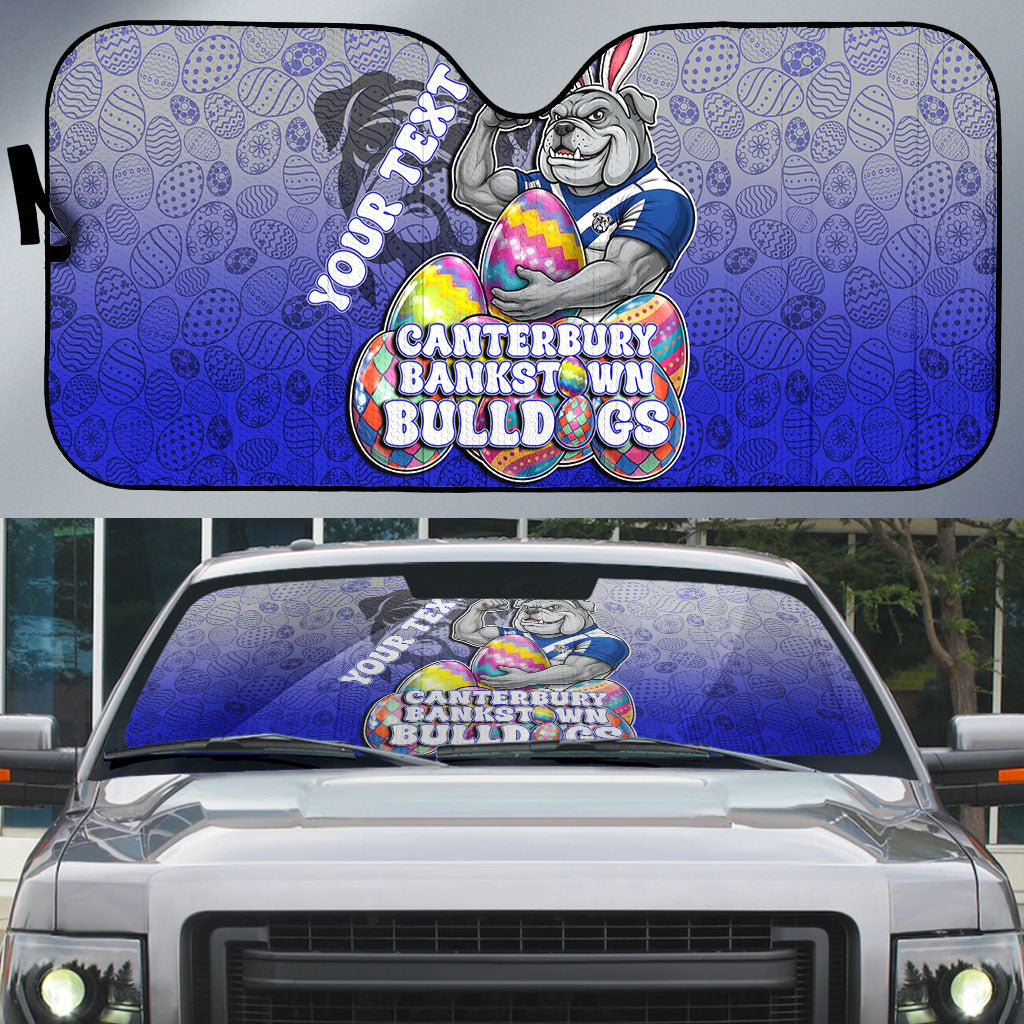 Personalized Canterbury-Bankstown Bulldogs Auto Sun Shade Easter Mascot - Colorful Eggs Cartoon Style