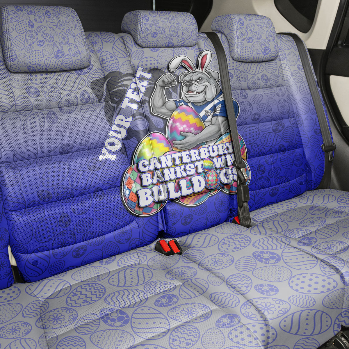 Personalized Canterbury-Bankstown Bulldogs Back Car Seat Cover Easter Mascot - Colorful Eggs Cartoon Style