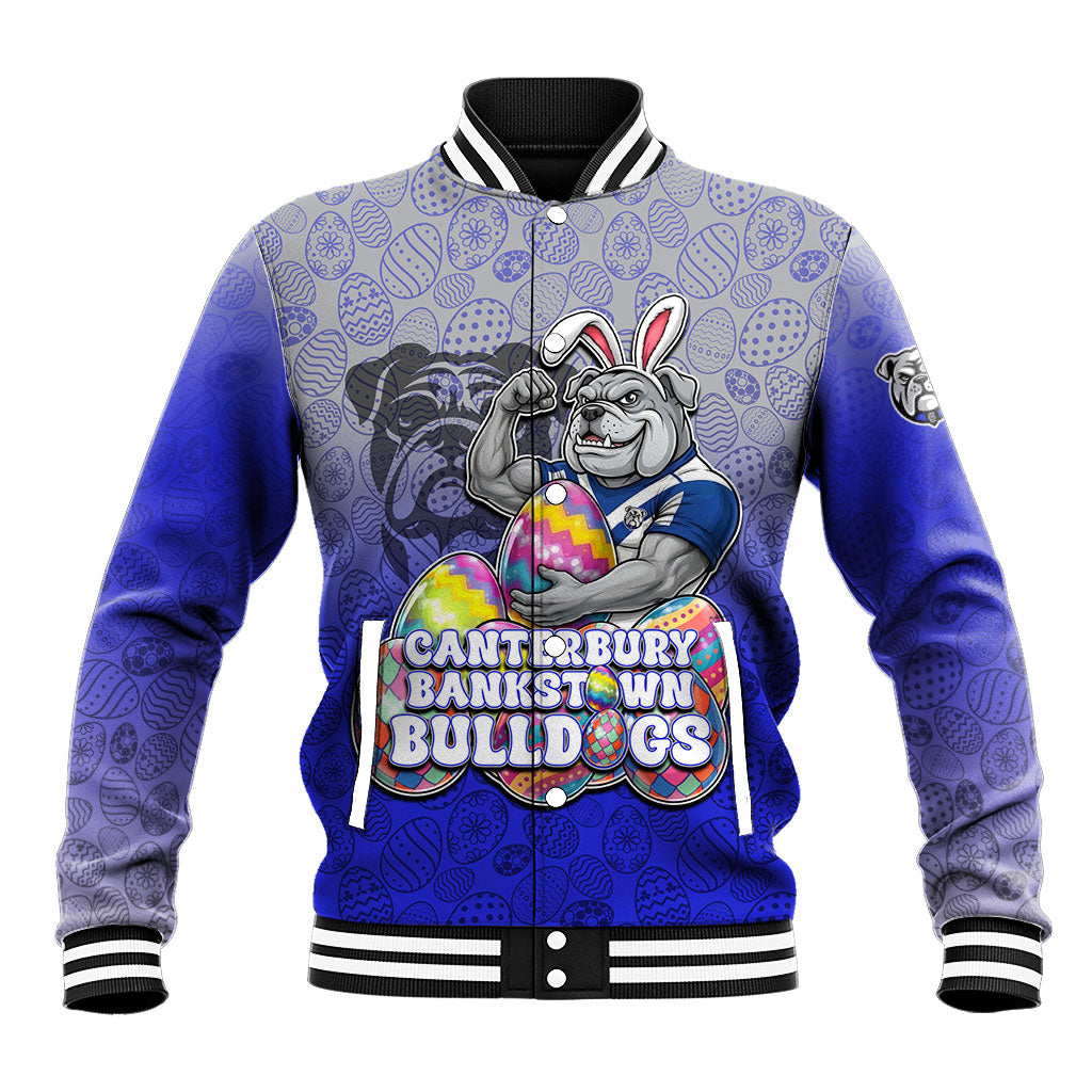 Personalized Canterbury-Bankstown Bulldogs Baseball Jacket Easter Mascot - Colorful Eggs Cartoon Style