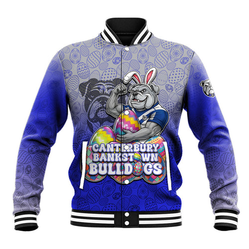 Personalized Canterbury-Bankstown Bulldogs Baseball Jacket Easter Mascot - Colorful Eggs Cartoon Style