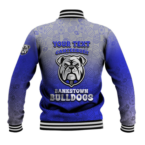Personalized Canterbury-Bankstown Bulldogs Baseball Jacket Easter Mascot - Colorful Eggs Cartoon Style