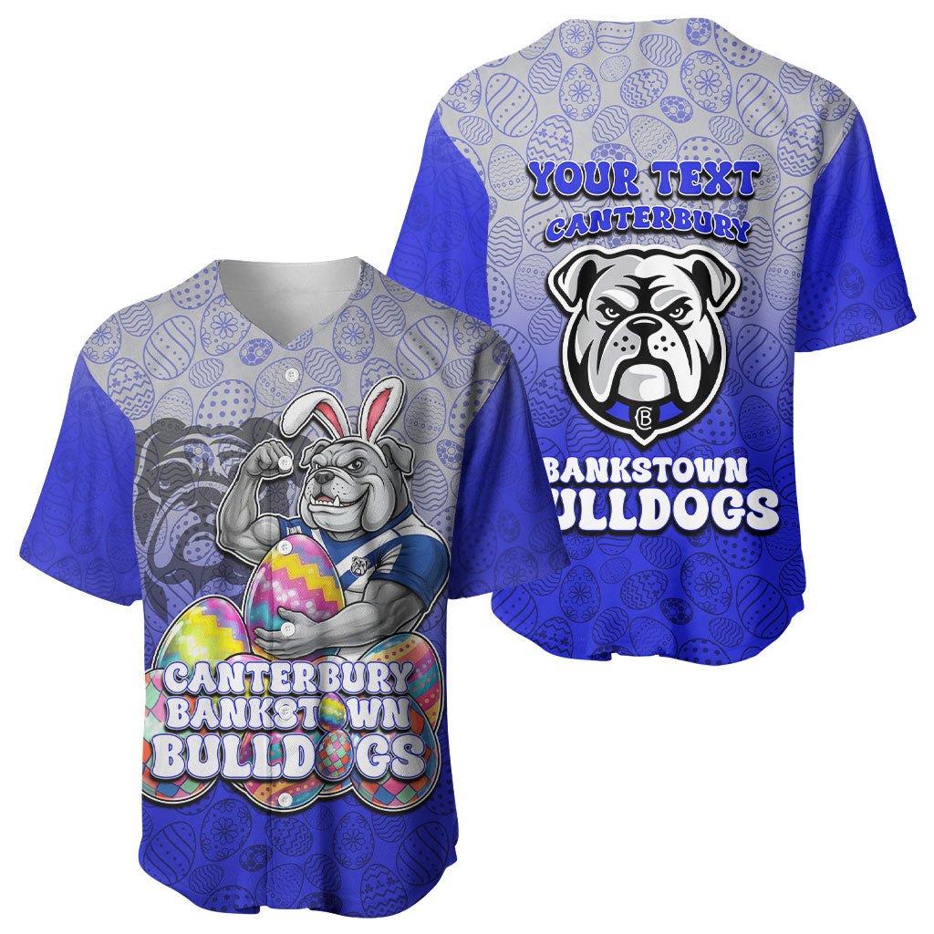 Personalized Canterbury-Bankstown Bulldogs Baseball Jersey Easter Mascot - Colorful Eggs Cartoon Style